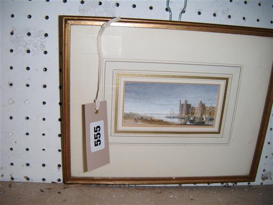Follower of John Varley (1778-1899), watercolour, Estuary scene with castle and shipping